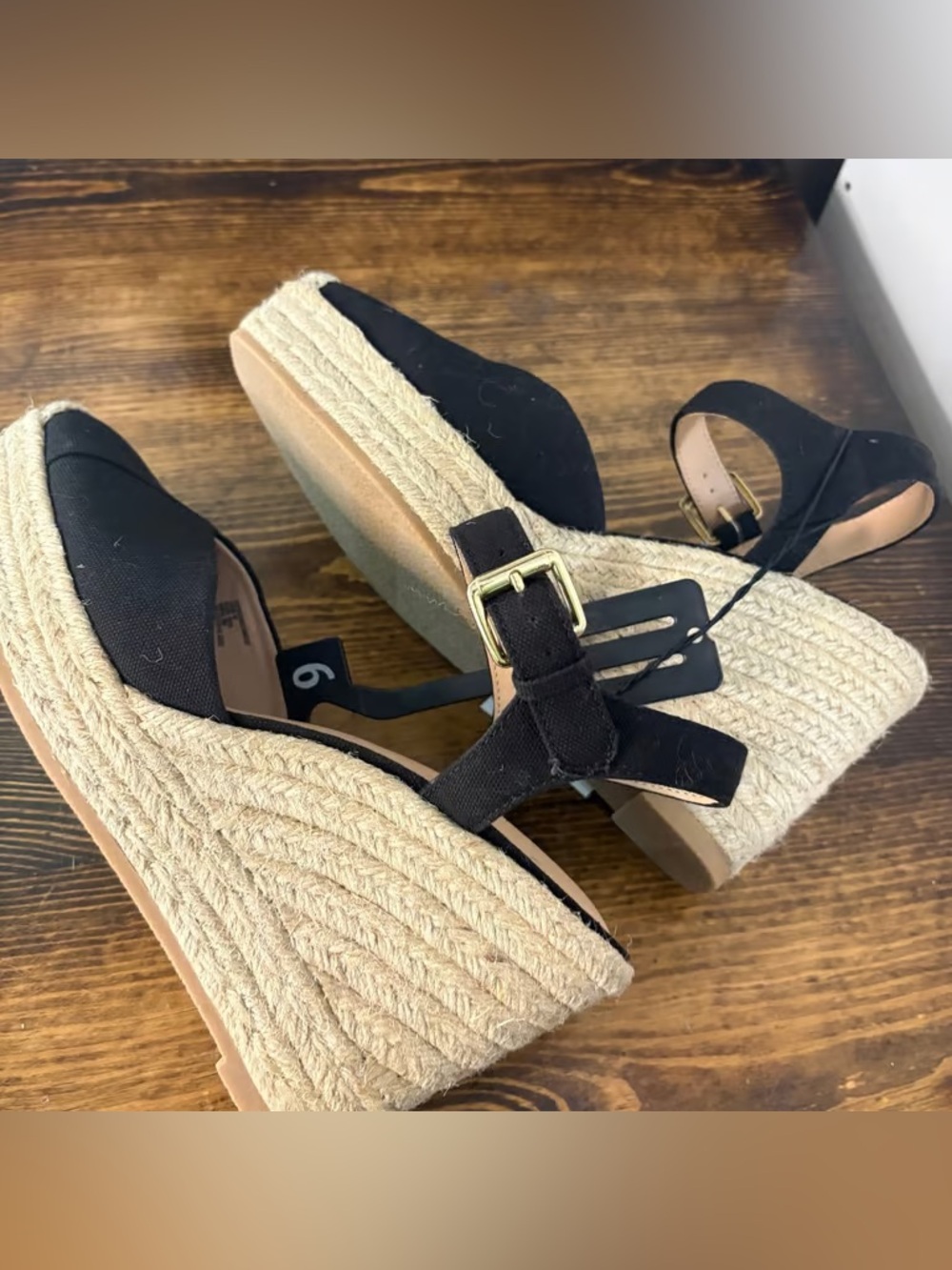 Time and Tru Black Espadrille Wedge Sandals with Gold Buckle